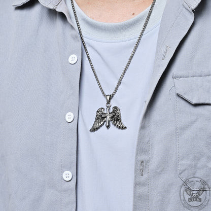 Vintage Cross Angel Wings Stainless Steel Pendant