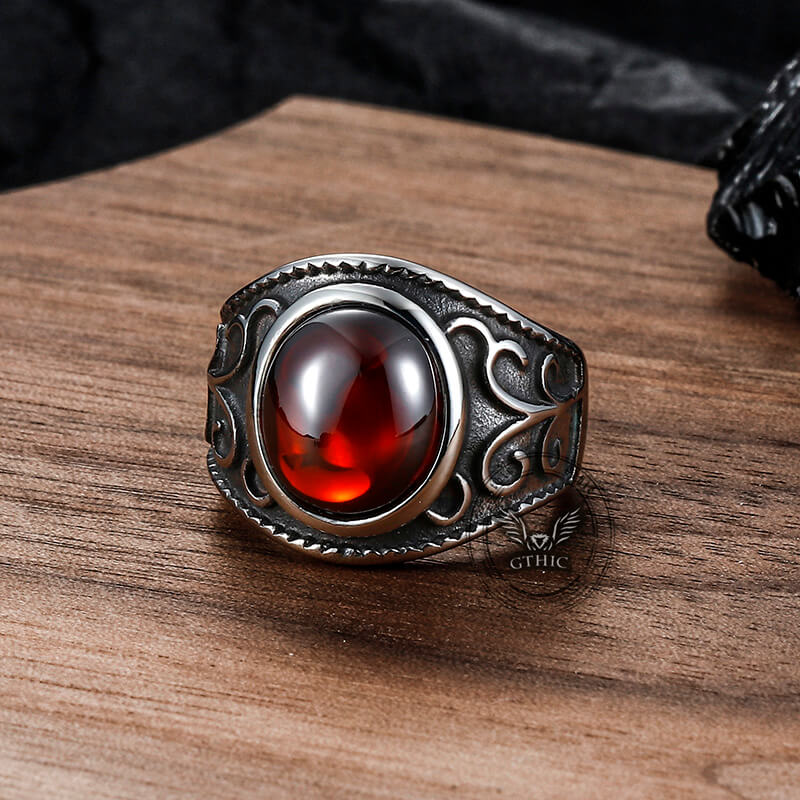 Vintage Engraved Flowers Ruby Stainless Steel Ring