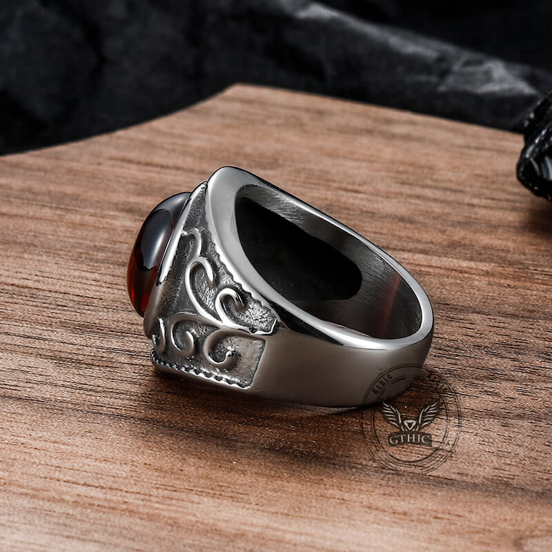 Vintage Engraved Flowers Ruby Stainless Steel Ring