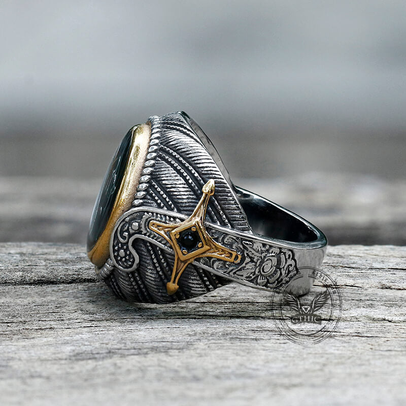 Vintage Epoxy Embossed Stainless Steel Ring