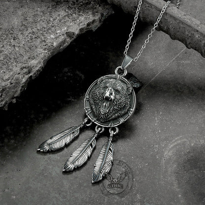 Vintage Feather Bear Head Stainless Steel Animal Pendant