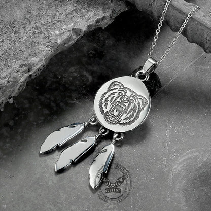 Vintage Feather Bear Head Stainless Steel Animal Pendant