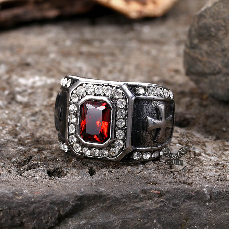 Vintage Gemstone Cross Stainless Steel Ring