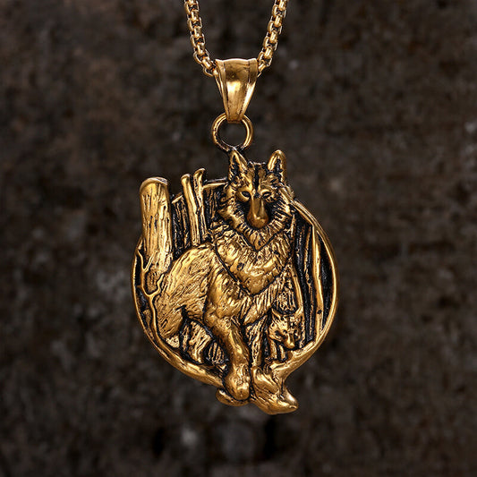 Vintage Nordic Viking Wolf Head Stainless Steel Pendant Necklace