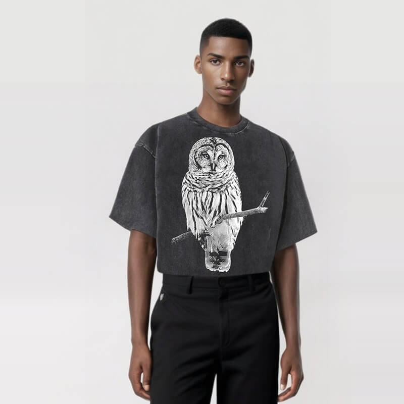 Vintage Owl Print Washed Short Sleeve T-shirt