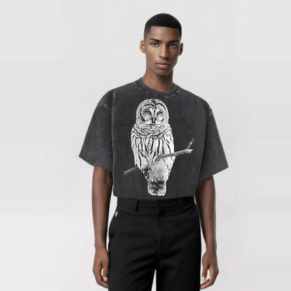 Vintage Owl Print Washed Short Sleeve T-shirt