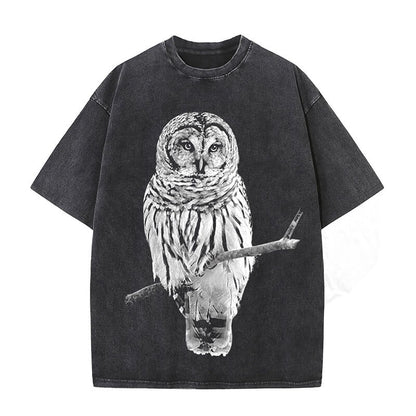 Vintage Owl Print Washed Short Sleeve T-shirt