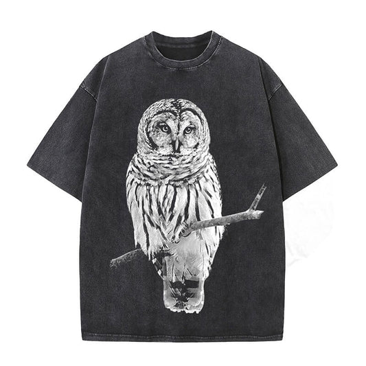 Vintage Owl Print Washed Short Sleeve T-shirt