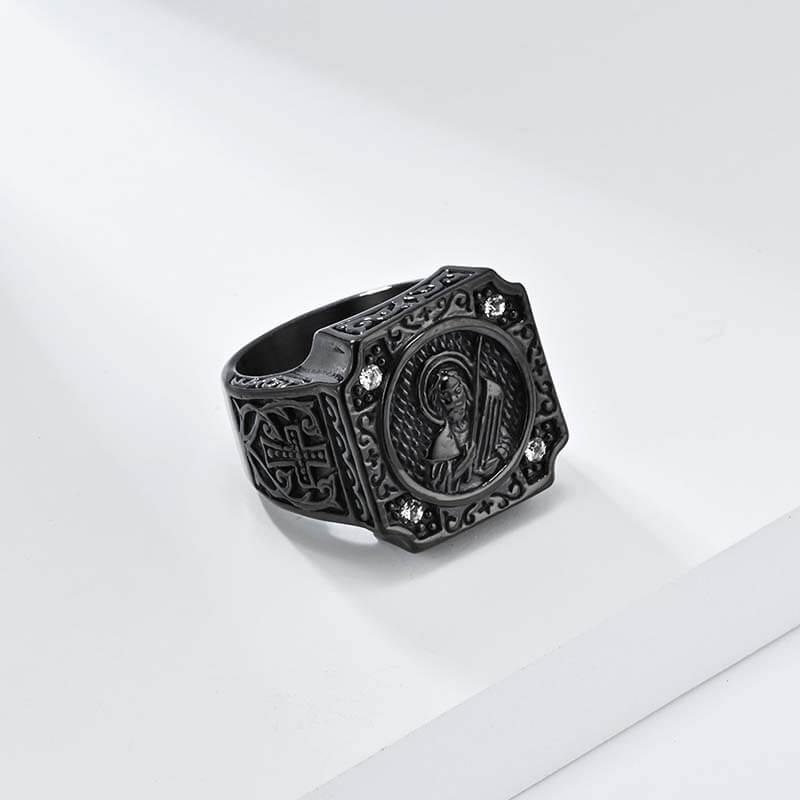 Vintage Portrait Cross Stainless Steel Ring