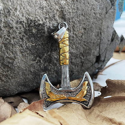 Vintage Viking Raven Axe Stainless Steel Pendant