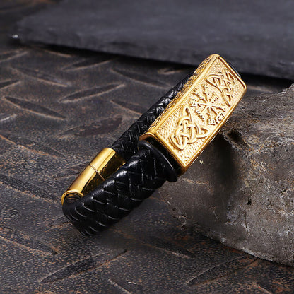 Vintage Viking Rune Stainless Steel Leather Bracelet