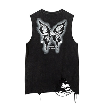 Vintage Washed Butterfly Printed Sleeveless Vest