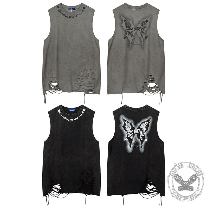Vintage Washed Butterfly Printed Sleeveless Vest