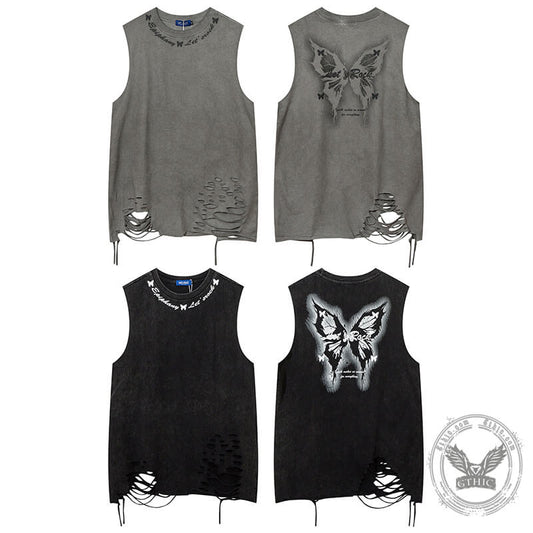 Vintage Washed Butterfly Printed Sleeveless Vest