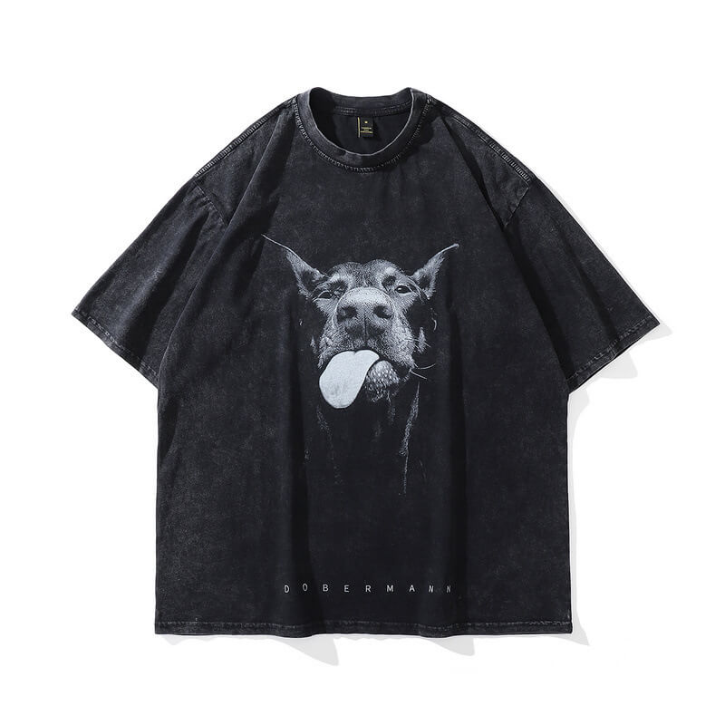 Vintage Washed Doberman Print Short-sleeved T-shirt