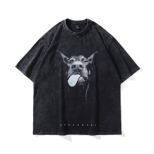 Vintage Washed Doberman Print Short-sleeved T-shirt