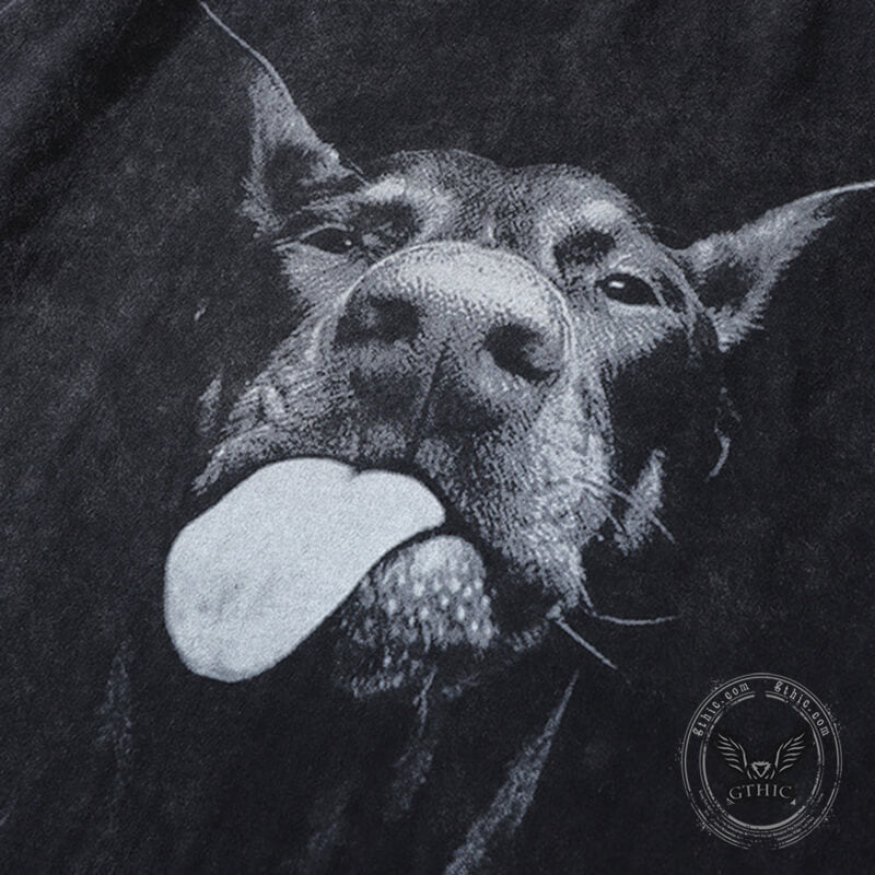 Vintage Washed Doberman Print Short-sleeved T-shirt
