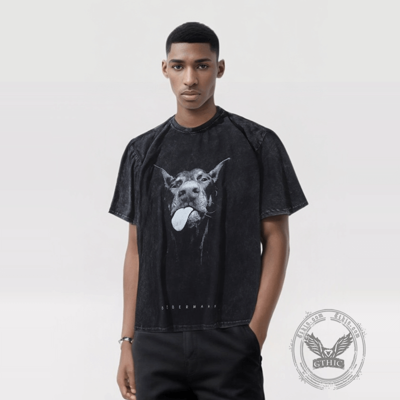 Vintage Washed Doberman Print Short-sleeved T-shirt