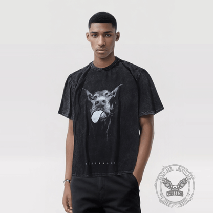 Vintage Washed Doberman Print Short-sleeved T-shirt
