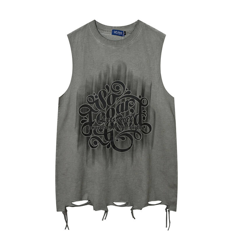 Vintage Washed Lets Rock Sleeveless Printed Vest