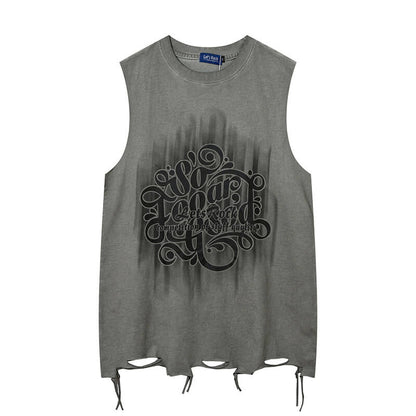 Vintage Washed Lets Rock Sleeveless Printed Vest