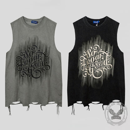 Vintage Washed Lets Rock Sleeveless Printed Vest