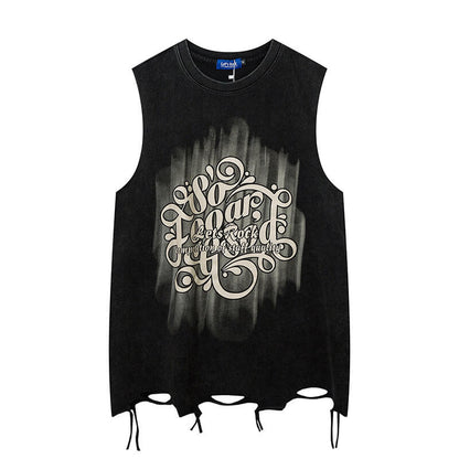 Vintage Washed Lets Rock Sleeveless Printed Vest
