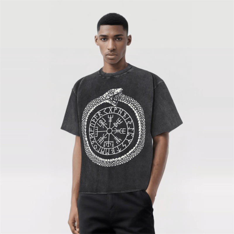 Vintage Washed Ouroboros Runes Viking T-shirt
