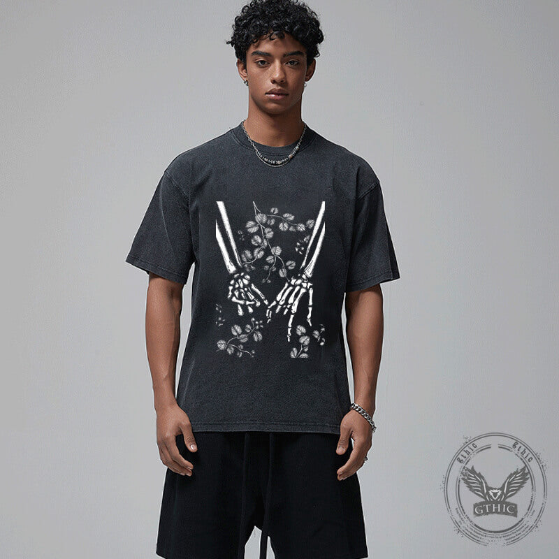 Vintage Washed Skeleton Hands Holding Each Other T-shirt
