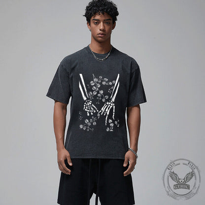 Vintage Washed Skeleton Hands Holding Each Other T-shirt