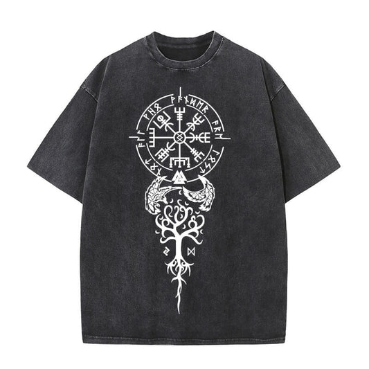 Vintage Washed Viking Symbols Print T-shirt