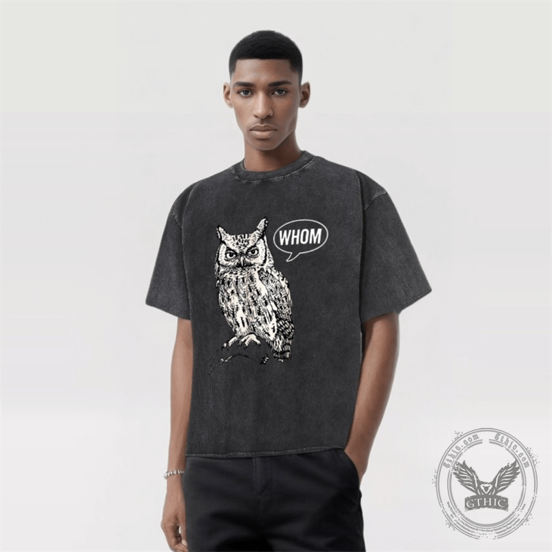 Vintage Washed Whom Owl Print Short Sleeve T-shirt