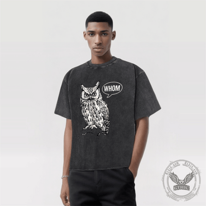 Vintage Washed Whom Owl Print Short Sleeve T-shirt