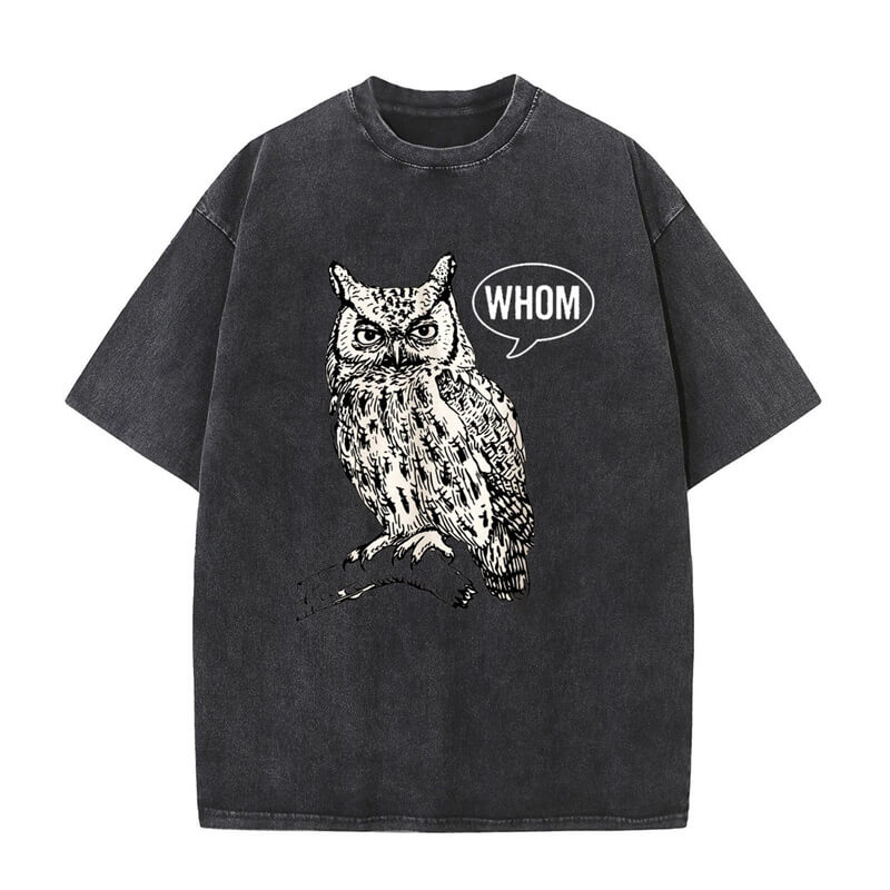 Vintage Washed Whom Owl Print Short Sleeve T-shirt