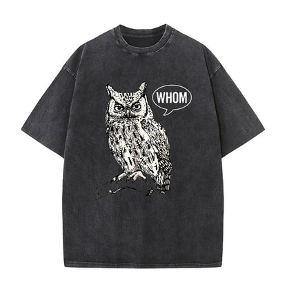 Vintage Washed Whom Owl Print Short Sleeve T-shirt