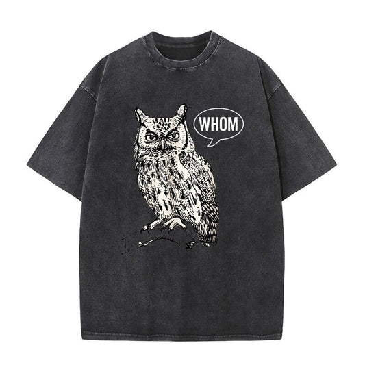 Vintage Washed Whom Owl Print Short Sleeve T-shirt