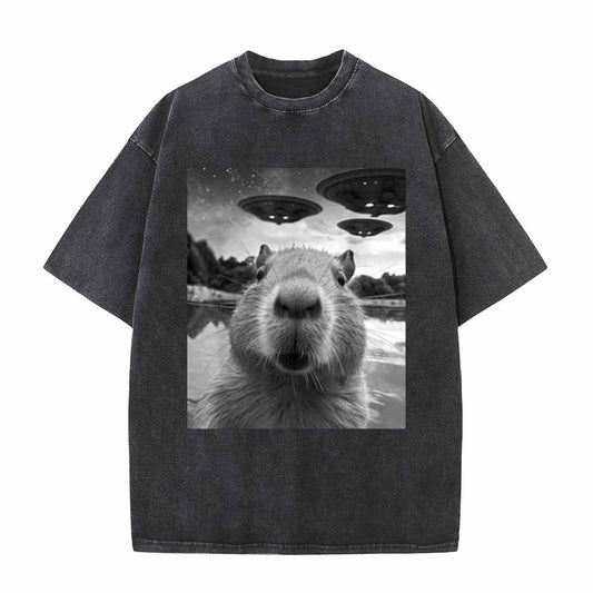 Vintage Weird Capybara Selfie UFO print T-Shirt