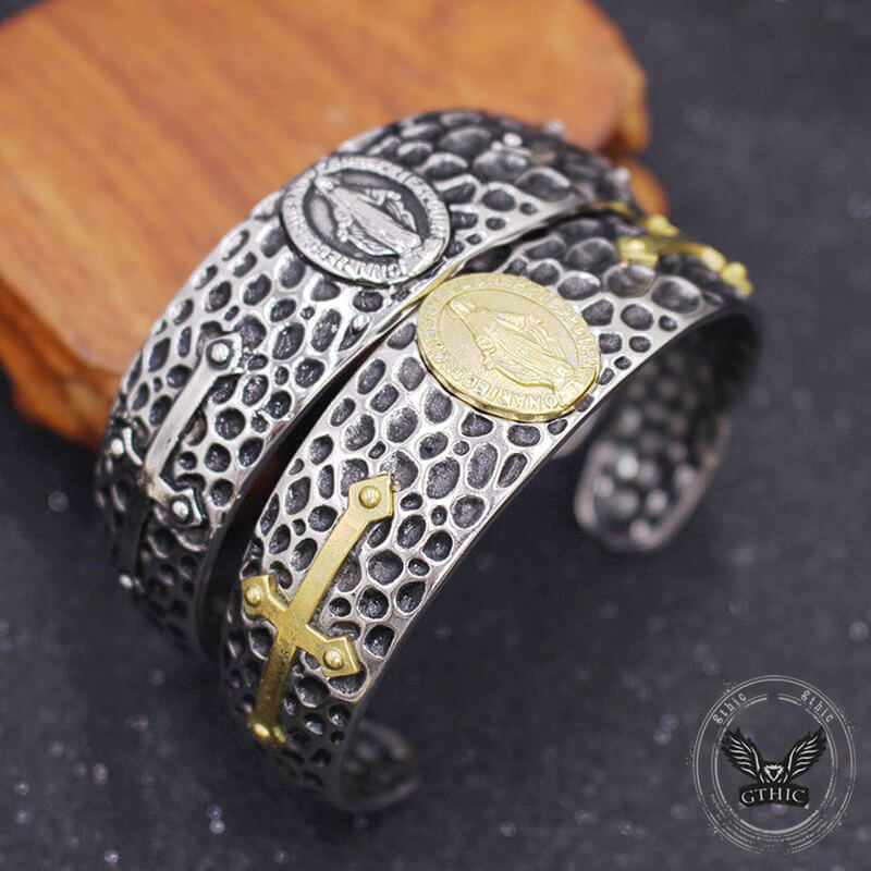 Virgin Mary Angel Cross Stainless Steel Cuff Bracelet