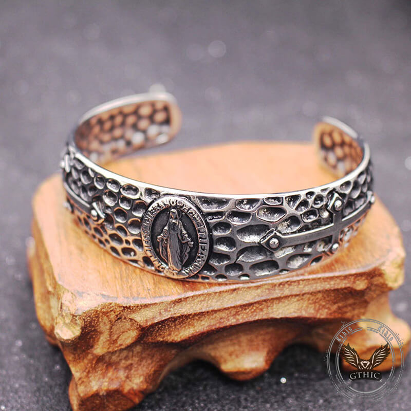 Virgin Mary Angel Cross Stainless Steel Cuff Bracelet