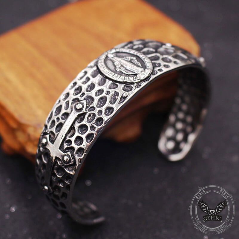 Virgin Mary Angel Cross Stainless Steel Cuff Bracelet