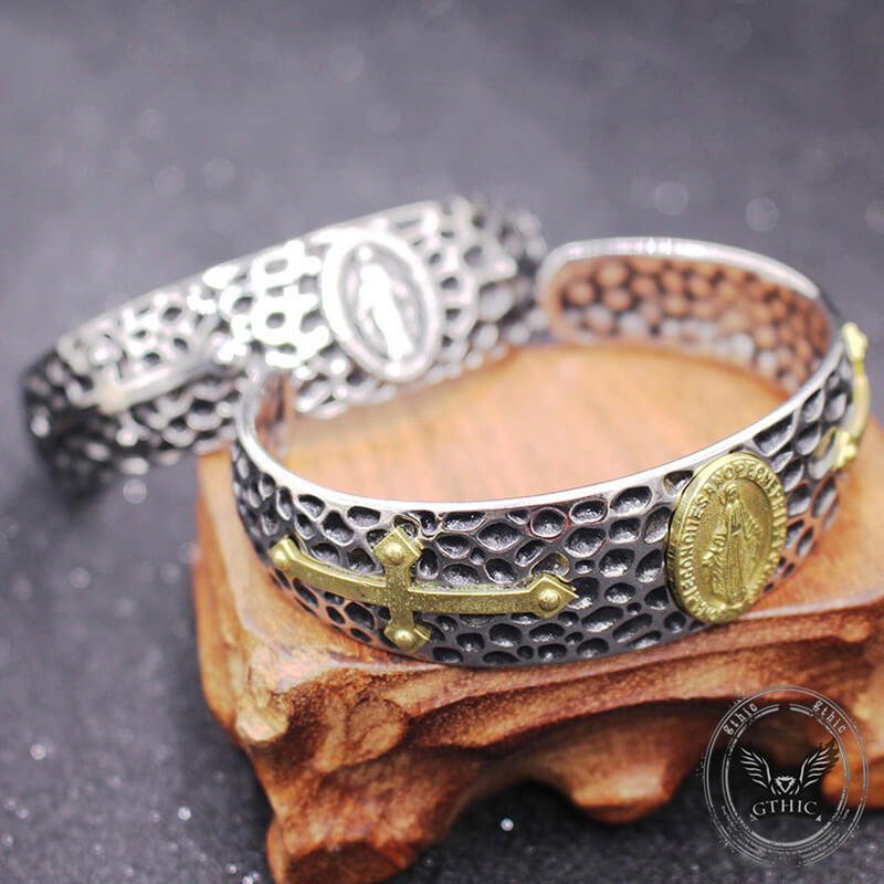 Virgin Mary Angel Cross Stainless Steel Cuff Bracelet