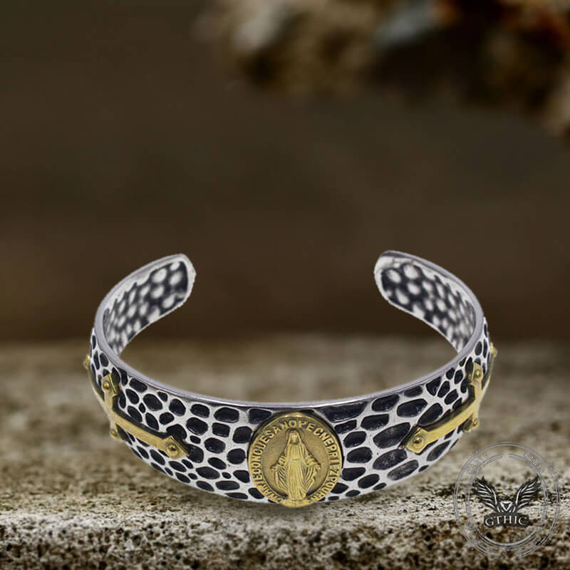 Virgin Mary Angel Cross Stainless Steel Cuff Bracelet