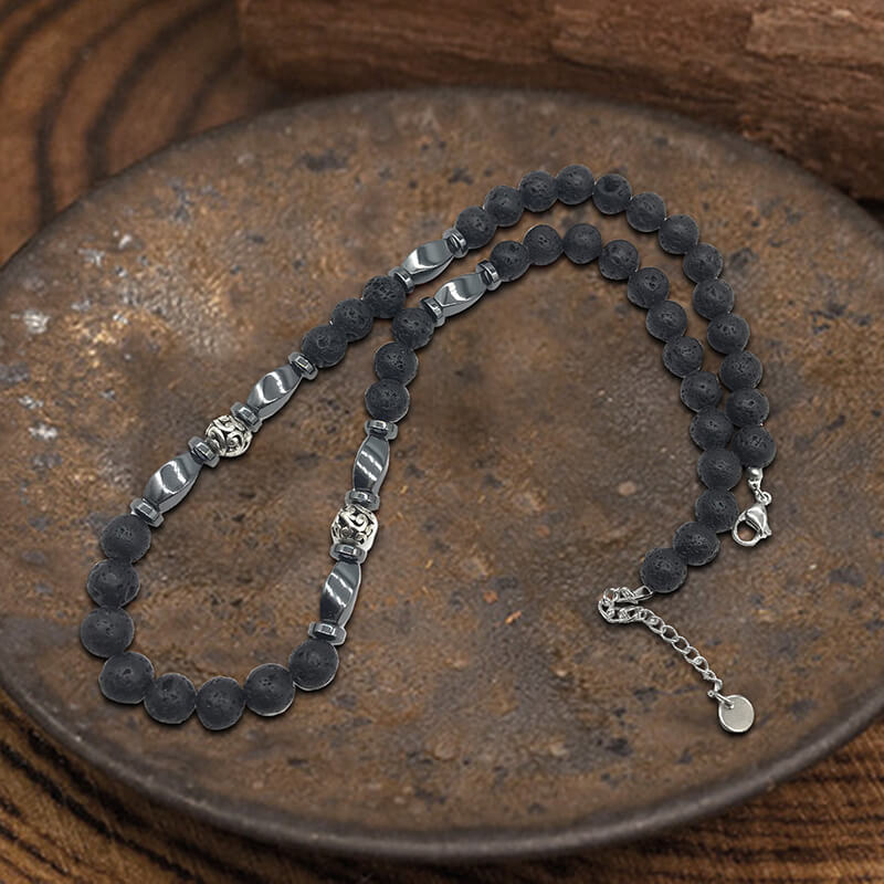 Volcanic Rock Stainless Steel Bead Necklace