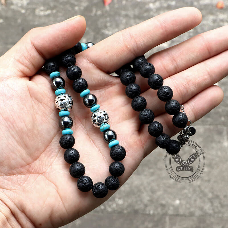 Volcanic Rock Stainless Steel Bead Necklace