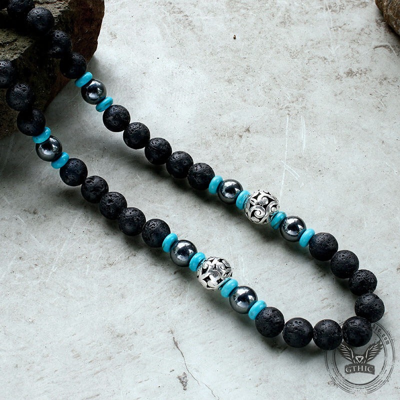 Volcanic Rock Stainless Steel Bead Necklace