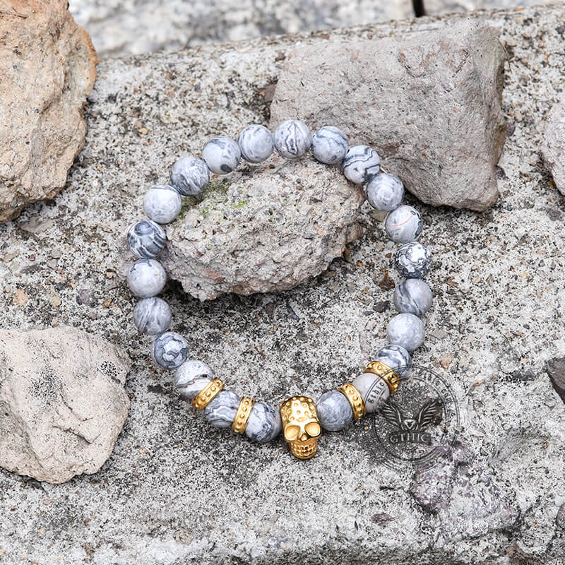 Volcanic Rock Stainless Steel Skull Bracelet
