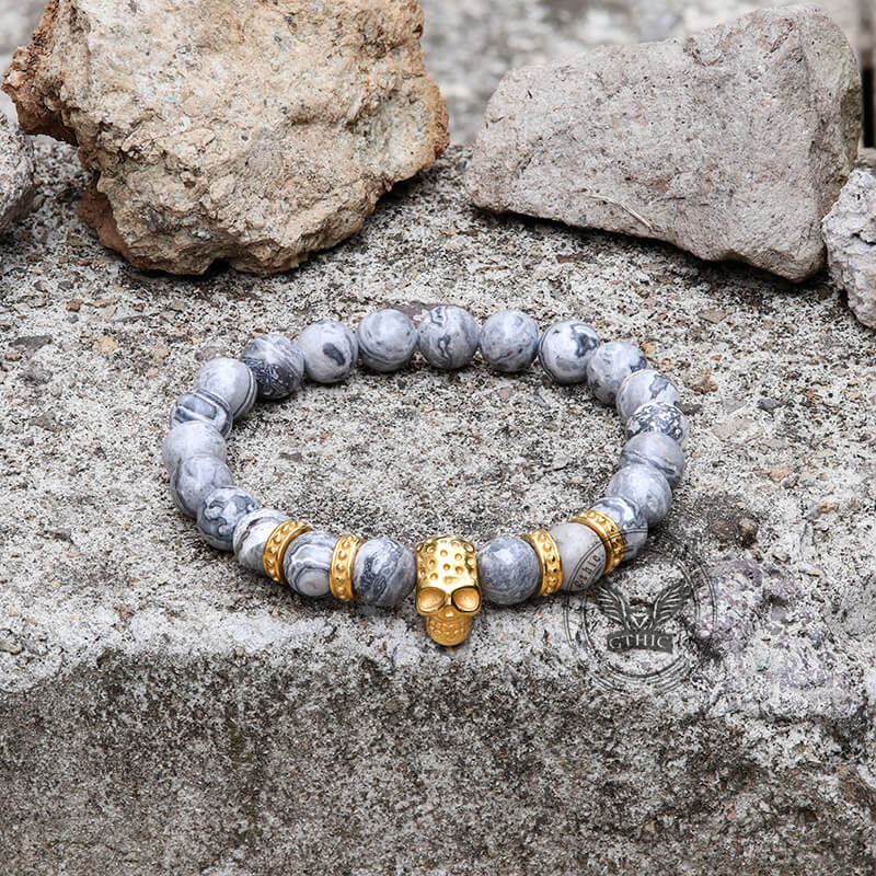 Volcanic Rock Stainless Steel Skull Bracelet