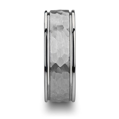 THORNTON Hammered Finish Center White Tungsten Carbide Wedding Band with Dual Offset Grooves and Polished Edges - 6mm & 8mm