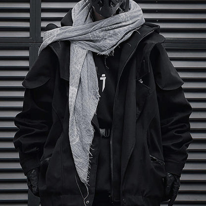 Wasteland Style Frayed Hem Fake Two-Piece Hooded Jacket