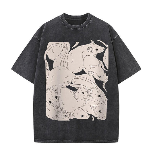 White Rats Print Washed Dark Aesthetic T-shirt